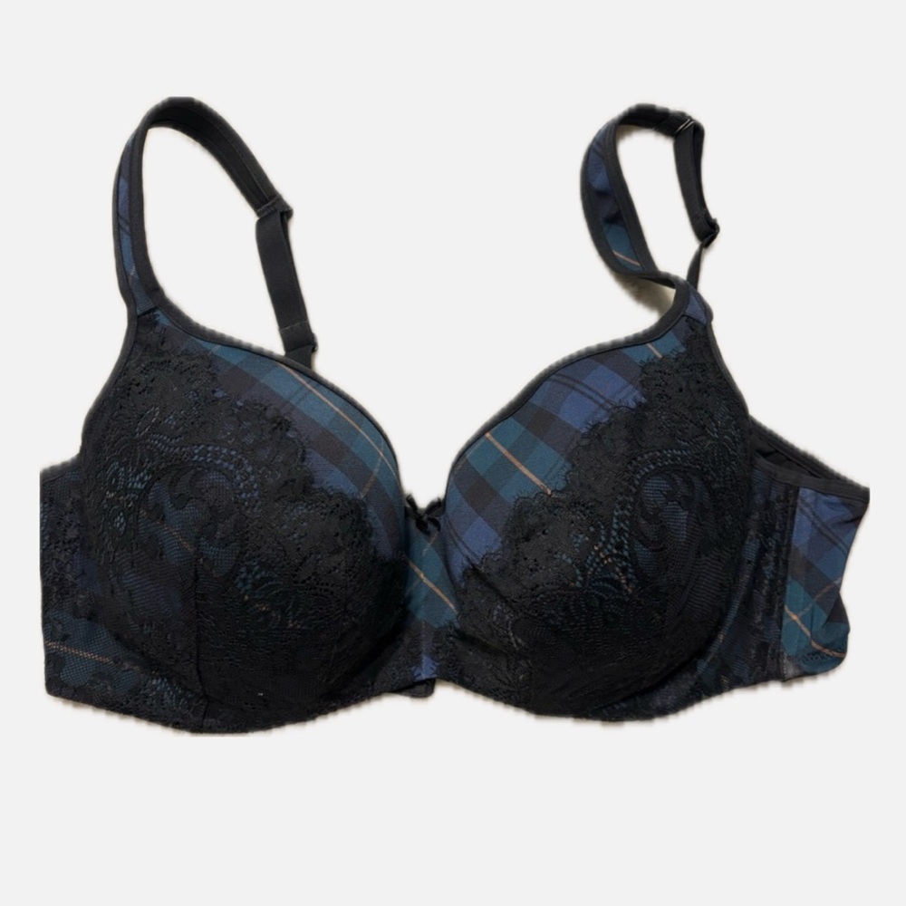 Cacique 42D Plaid Lace Bra – Blue/Green Tartan with Black Lace Overlay - Picture 2 of 8